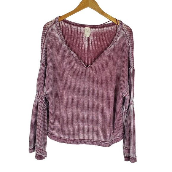 Free People Dahlia Washed Thermal Size S Wine Long Bell Sleeve Top V Neck - Picture 2 of 15